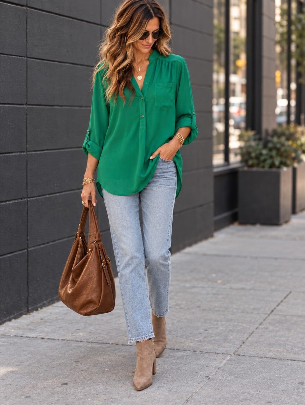 41 Hawthorn Colibri Split Neck Tab Sleeve Blouse Green Small